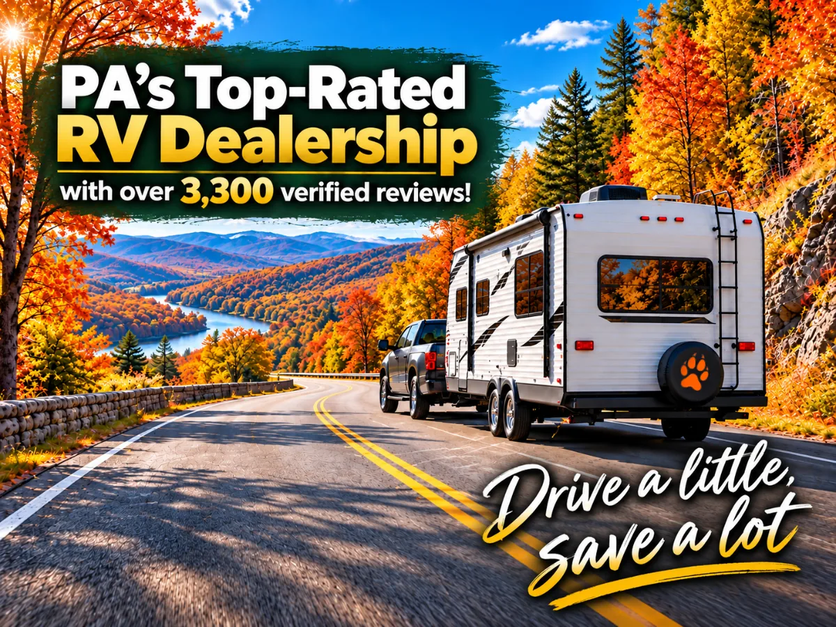 Truck towing a travel trailer along a fall mountain road. PA's top-rated RV dealership with over 3,300 verified reviews. Drive a little, save a lot.