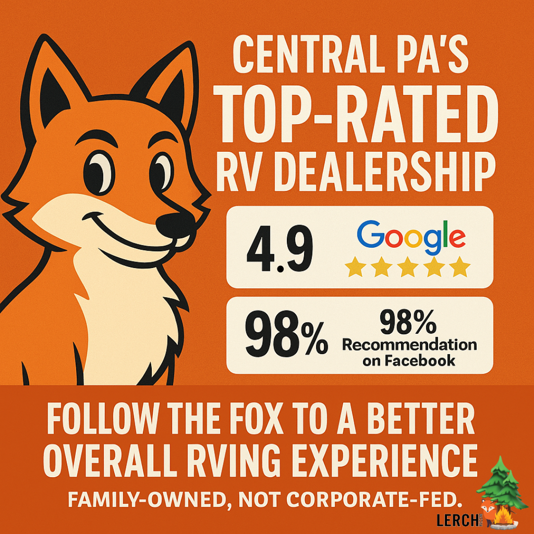 Cartoon fox mascot promoting Central PA's top-rated RV dealership with 4.9 Google stars and 98% Facebook recommendation. See why customers choose Lerch RV.
