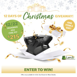 Black Ironman 4x4 fire pit with gold ribbon, featured as a $215 prize in a 12 Days of Christmas giveaway on 12/22.