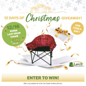 Red and black plaid Kuma Lazy Bear chair featured as day 12 prize in a 12 Days of Christmas giveaway with gold ribbons and gift boxes.
