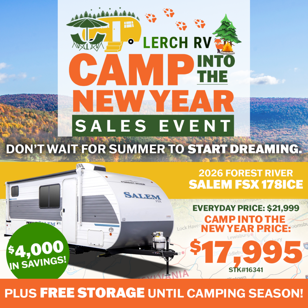 2026 Forest River Salem FSX 1781CE travel trailer offered at $17,995 during Lerch RV's Camp Into the New Year sales event with $4,000 savings.