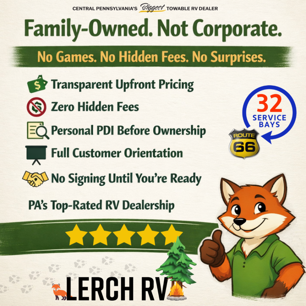 Central Pennsylvania's family-owned Lerch RV offers transparent pricing, no hidden fees, personal inspections, and top-rated customer service with 32 service bays.