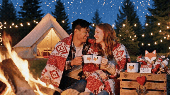 Couple wrapped in a red patterned blanket sharing fox-themed mugs by a campfire with a lit tent and string lights in the background.