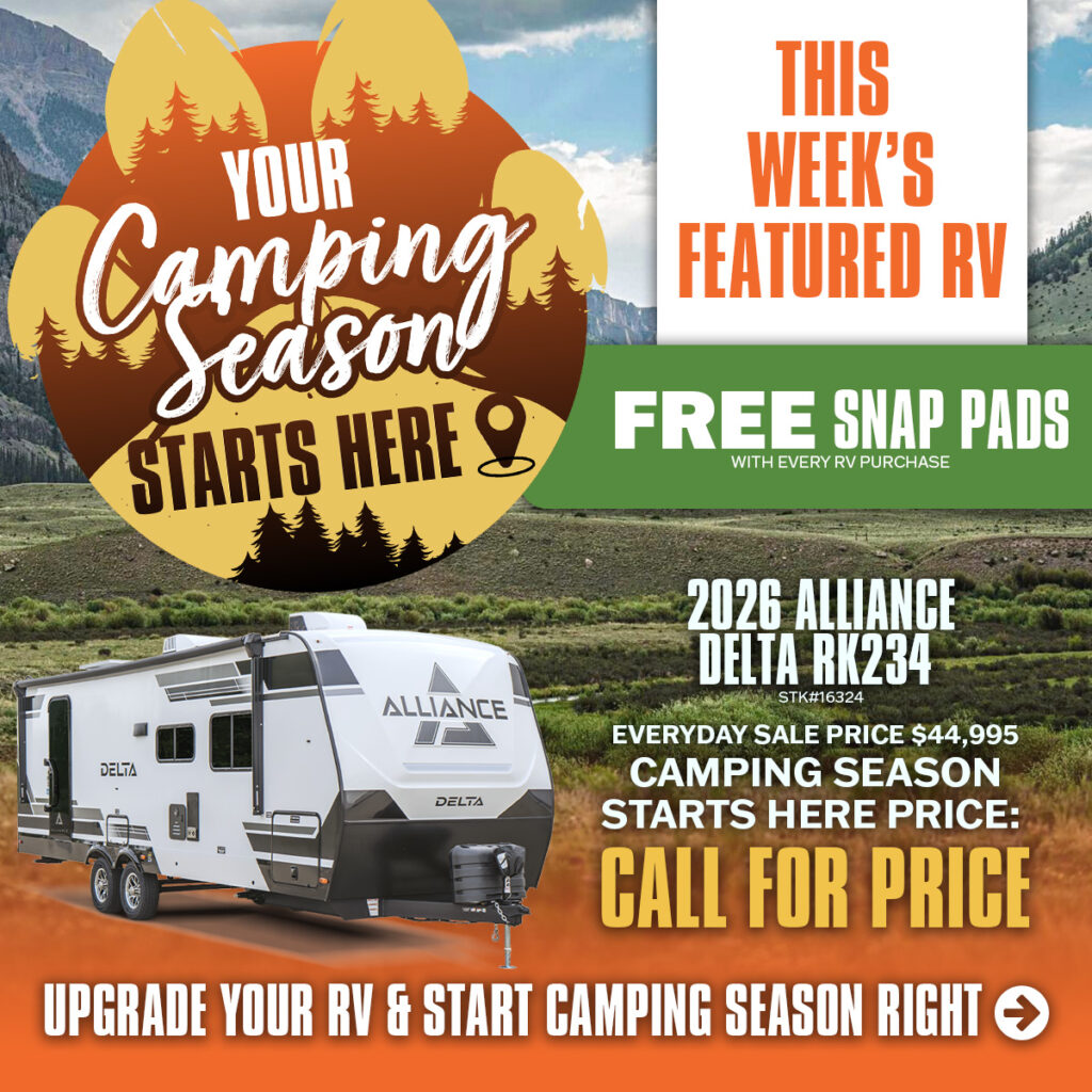 2026 Alliance Delta RK234 RV parked in a scenic grassy area with mountains, promoting camping season and special sale offers.