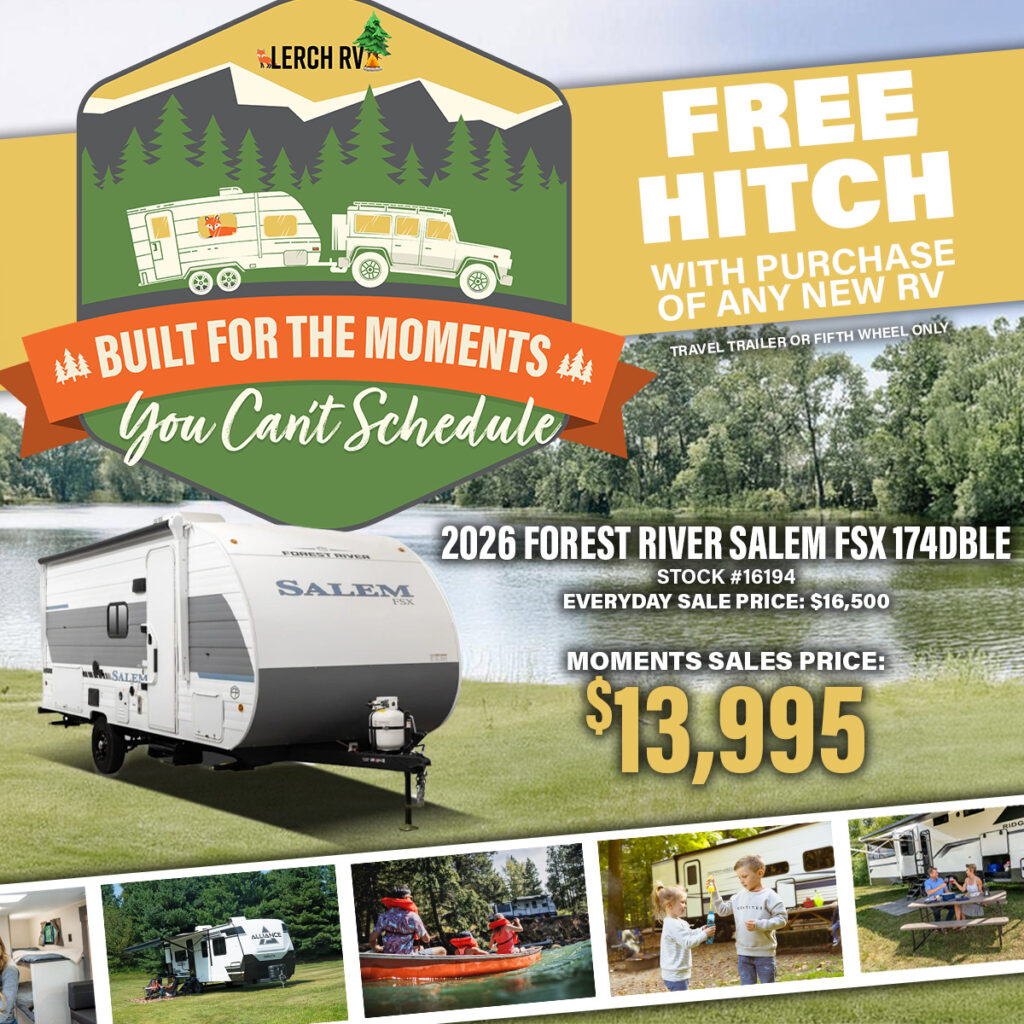 2026 Forest River Salem FSX 174DBLE travel trailer parked by a lake with trees in the background, sale price $13,995.