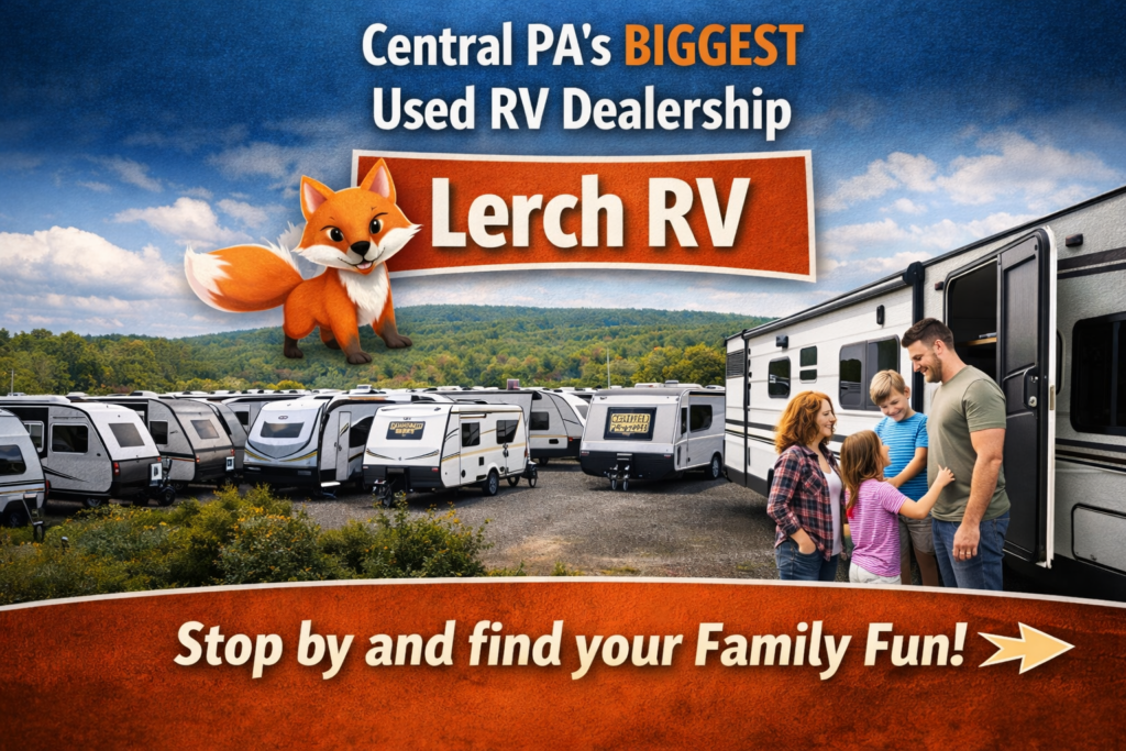 A family of four exploring an RV at Lerch RV, Central PA's largest used RV dealership, with rows of RVs under a blue sky.