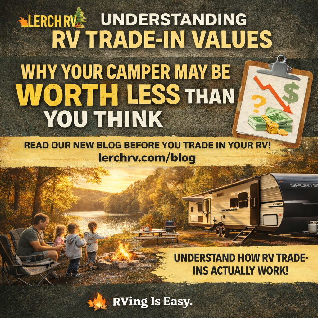 Family enjoying a campfire near a lake with an RV parked nearby during autumn sunset, promoting understanding RV trade-in values.
