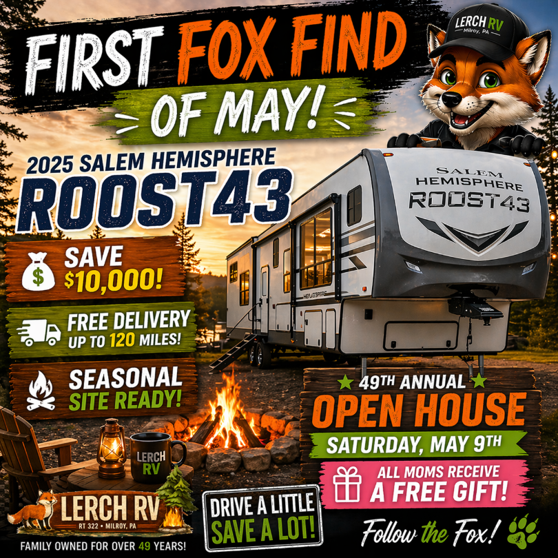2025 Salem Hemisphere Roost 43 RV parked near a campfire at sunset with promotional savings and free delivery offers.