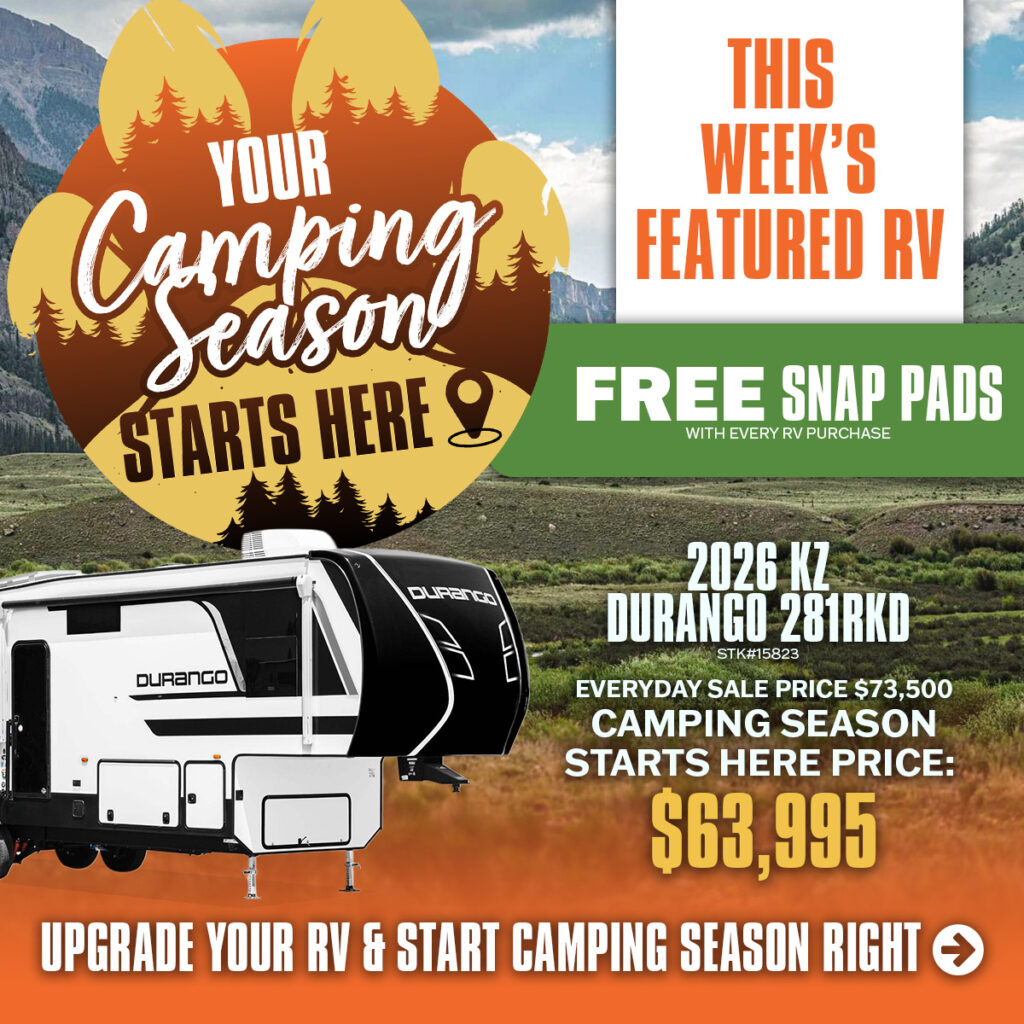 2026 KZ Durango 281RKD RV featured with a camping season sale price of $63,995 and free snap pads offer.