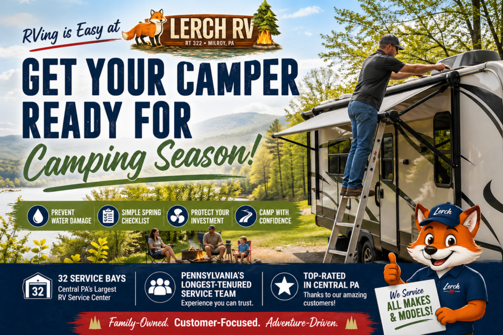 Spring RV maintenance Pennsylvania – camper roof inspection and campsite prep with Lerch RV service team helping get ready for camping season