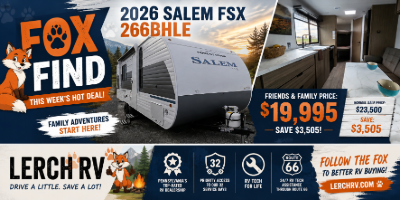 2026 Salem FSX 266BHLE travel trailer parked outdoors with modern interior featuring kitchen and seating area.