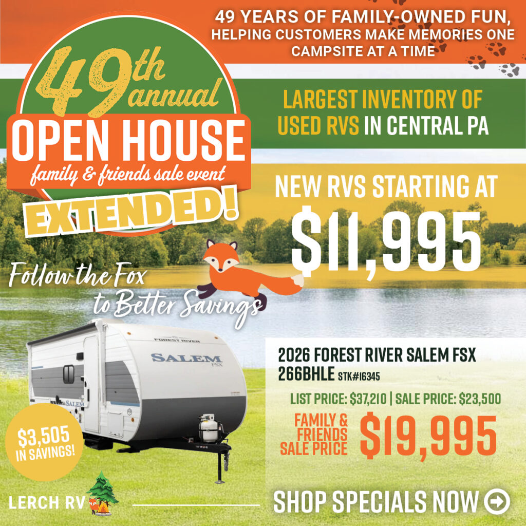 49th annual open house sale event for used and new RVs in Central PA with prices starting at $11,995 and special family discounts.
