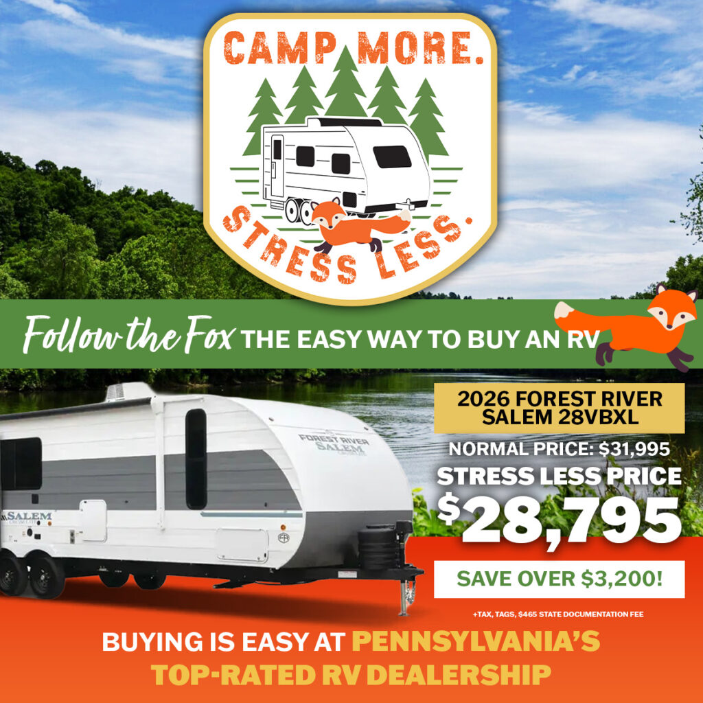 White 2026 Forest River Salem 28VBXL RV parked by a lake with trees, advertised at a stress-less price of $28,795, saving over $3,200.