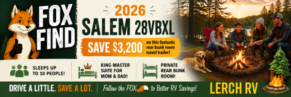 Fox Find 2026 Salem 28VBXL RV offers private rear bunk room and king master suite, sleeps up to 10, saving $3,200 on travel trailer.