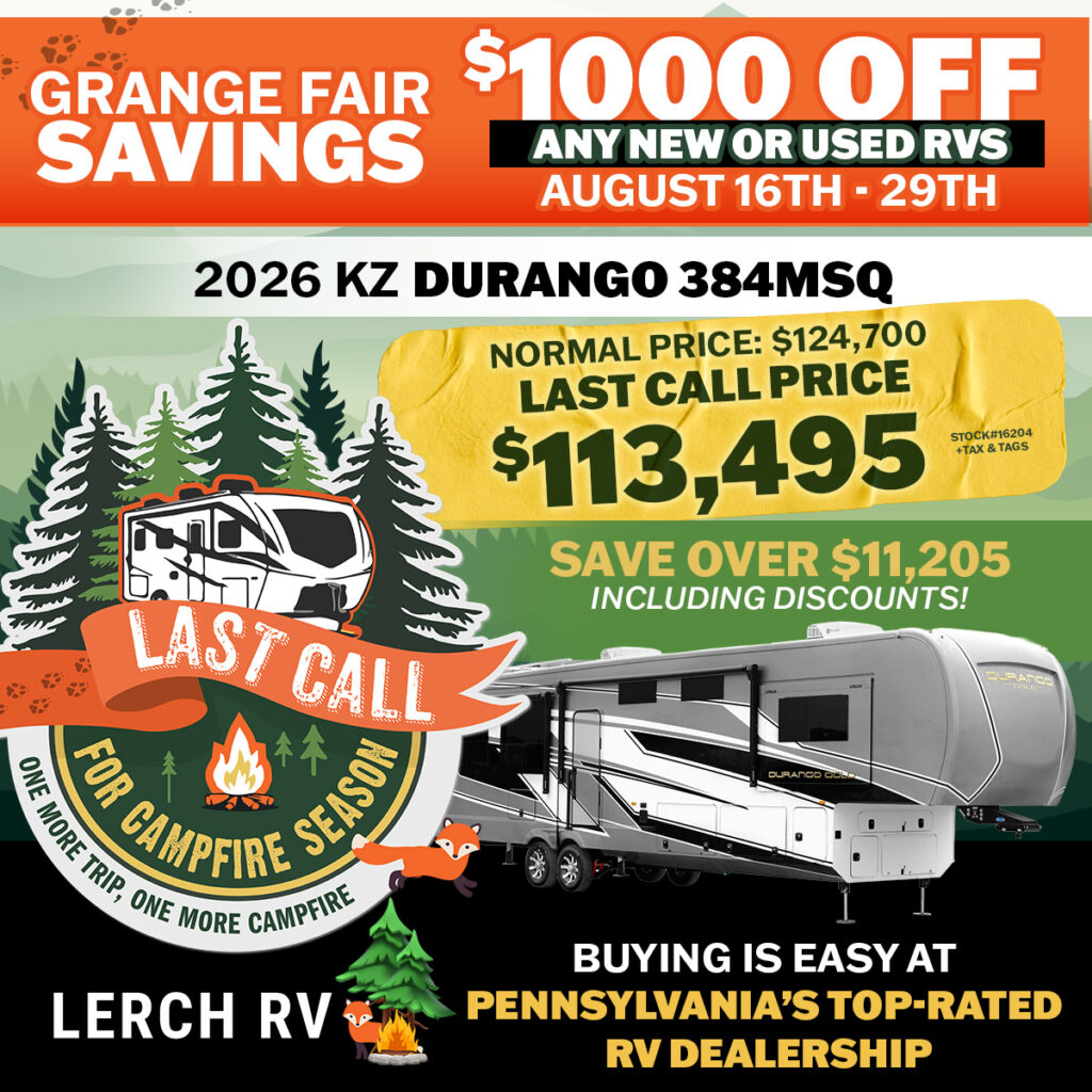 2026 KZ Durango 384MSQ RV on sale for $113,495, saving over $11,200 during Grange Fair event at Lerch RV.
