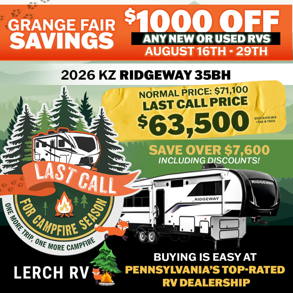 2026 KZ Ridgeway 35BH RV discounted to $63,500, saving over $7,600 during Grange Fair savings event at Lerch RV.