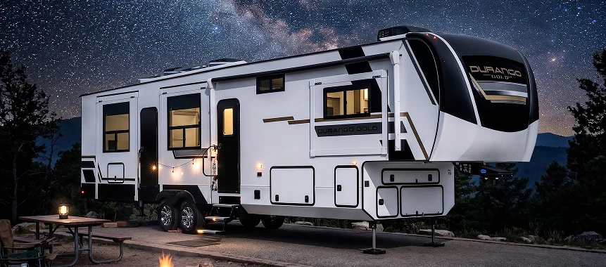 Durango Gold Luxury RV camping under starry night sky